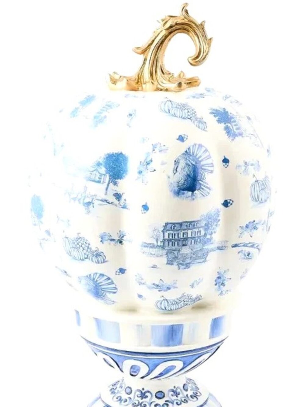 MacKenzie-Childs Harvest Royal Autumn Toile SHORT Pedestal Pumpkin Décor #35509-
